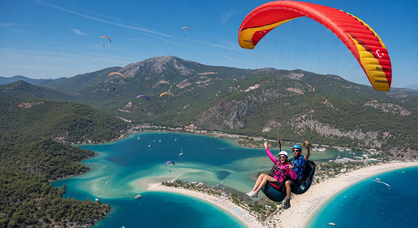 Tandem paragliders soaring over the turquoise waters and mountains of Ölüdeniz, Fethiye, Turkey