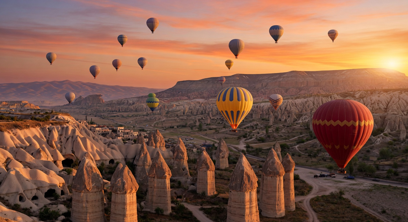 Hot air balloons floating over the fairy chimneys of Cappadocia, Turkey at golden hour