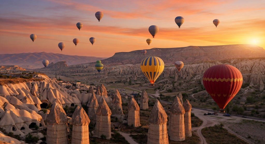 Hot air balloons floating over the fairy chimneys of Cappadocia, Turkey at golden hour sunrise
