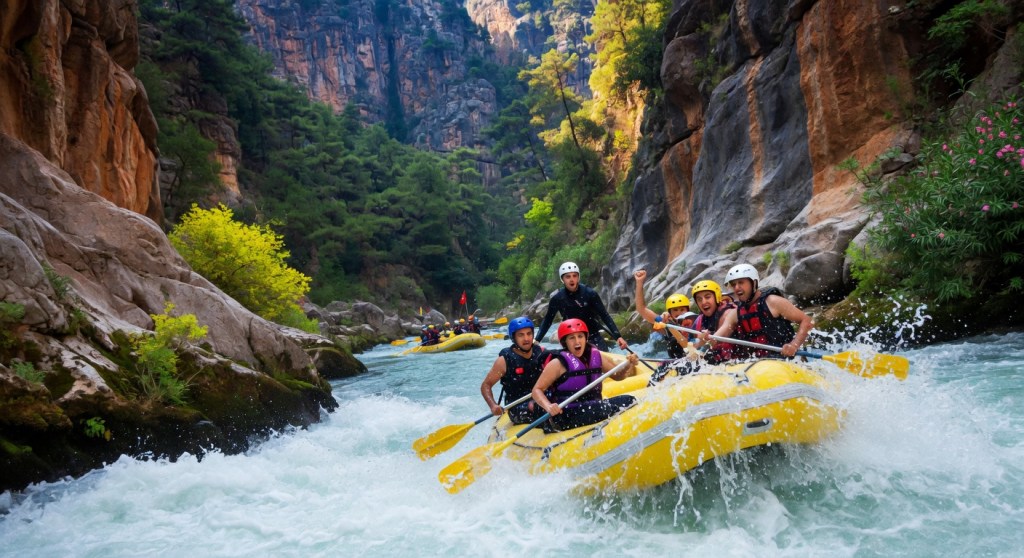 White water rafting team paddling through rapids in a dramatic canyon near Saklıkent or Köprülü, Turkey