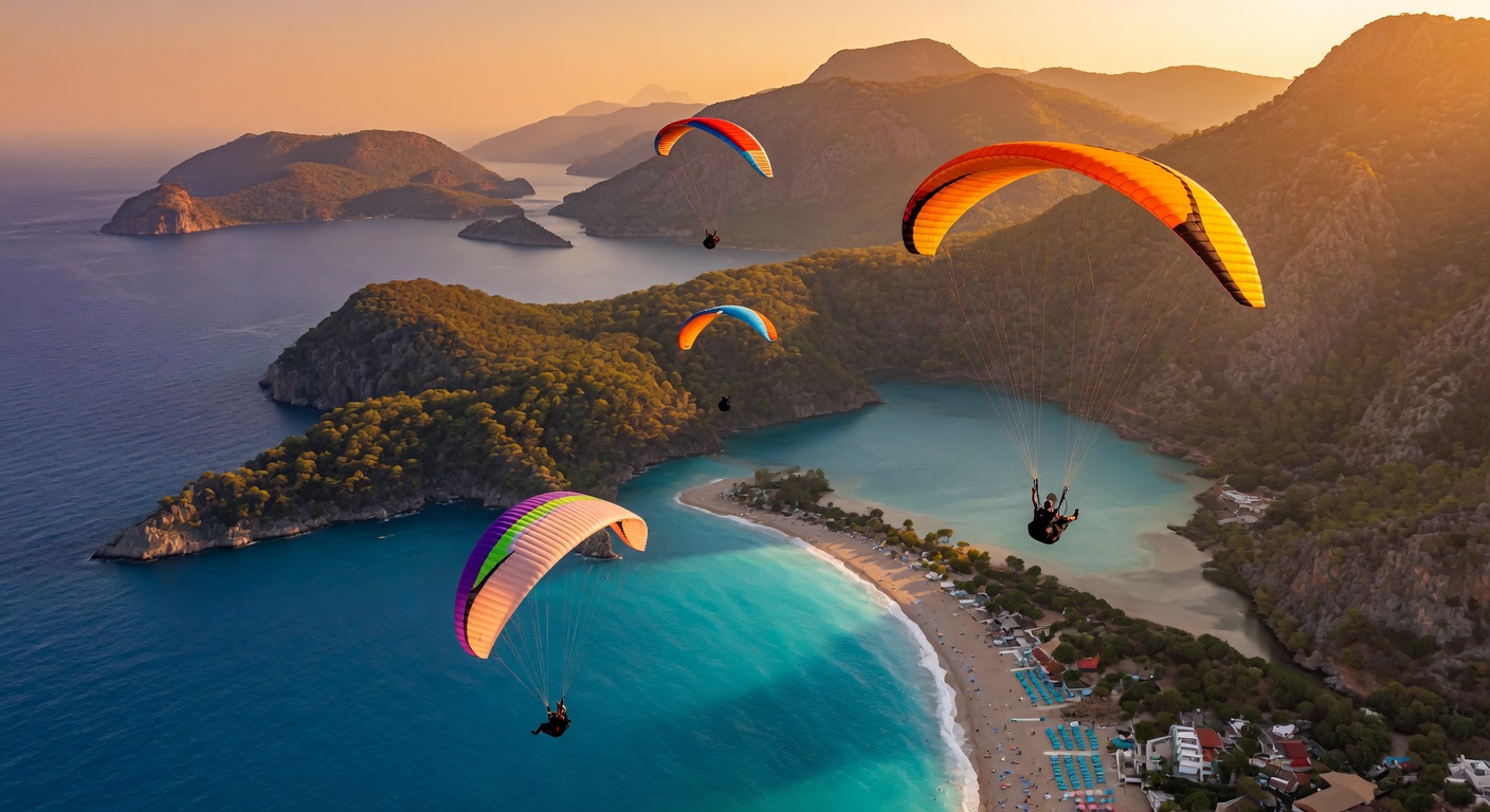 Aerial view of Ölüdeniz Blue Lagoon with paragliders