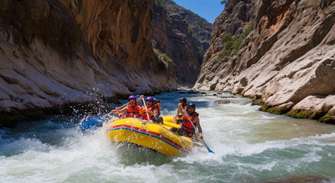 Action shot of people in a raft navigating mild rapids on the river near Saklıkent Gorge with steep canyon walls in the background