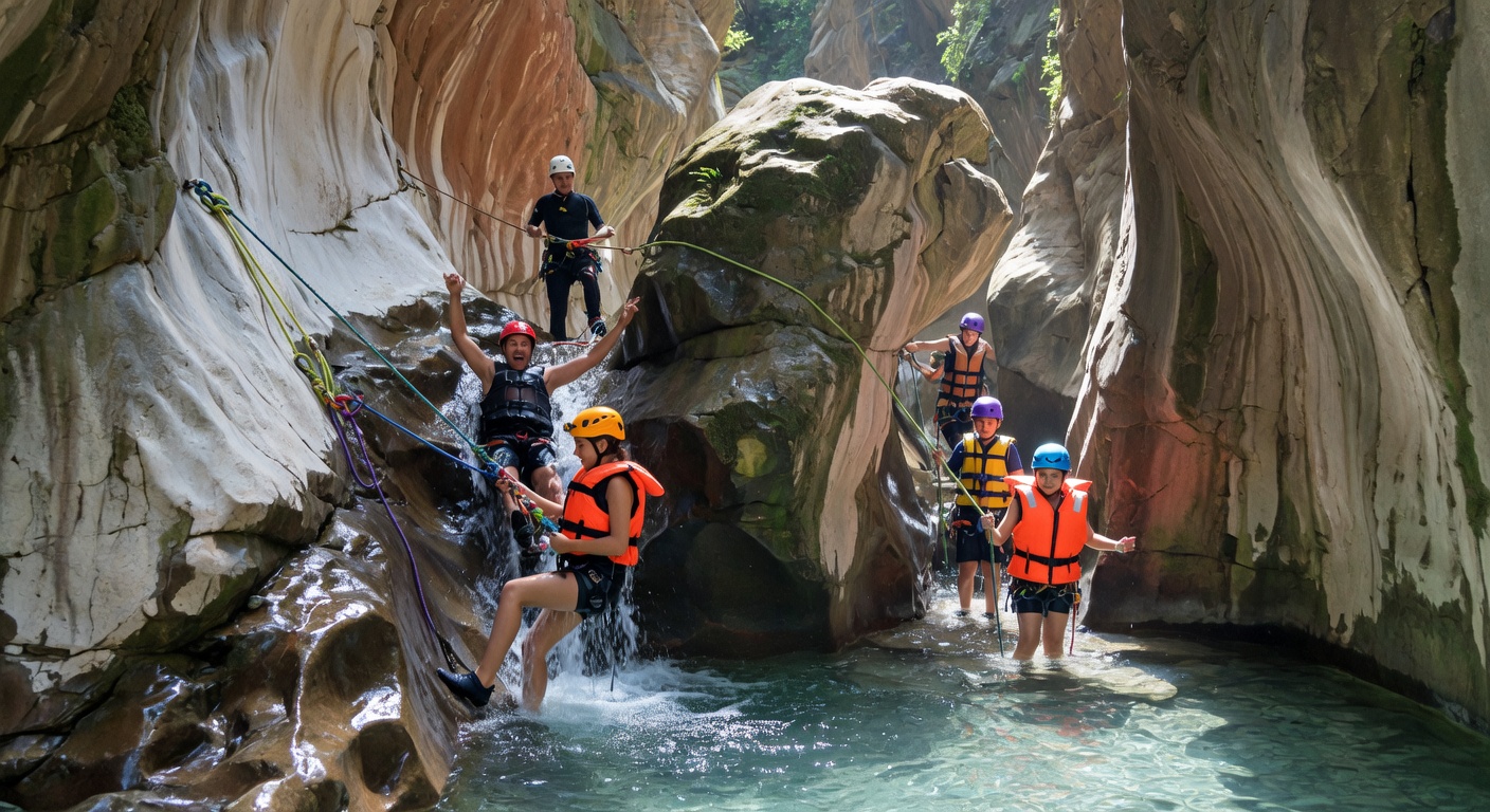 Action shot of people in a raft navigating rapids on the river near Saklıkent Gorge with steep canyon walls