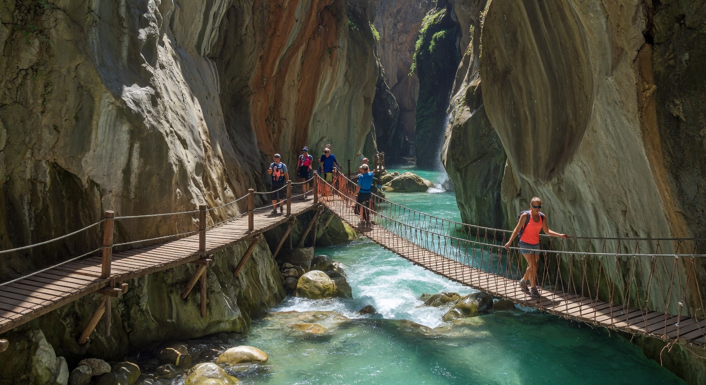 Action shot of people in a raft navigating mild rapids on the river near Saklıkent Gorge with steep canyon walls in the background