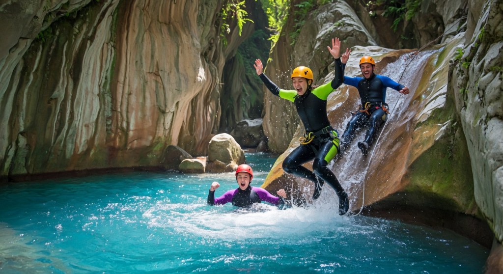 Family and friends floating on inflatable rings (tubing) in the shallow river near Saklıkent Canyon, wearing life jackets and helmets