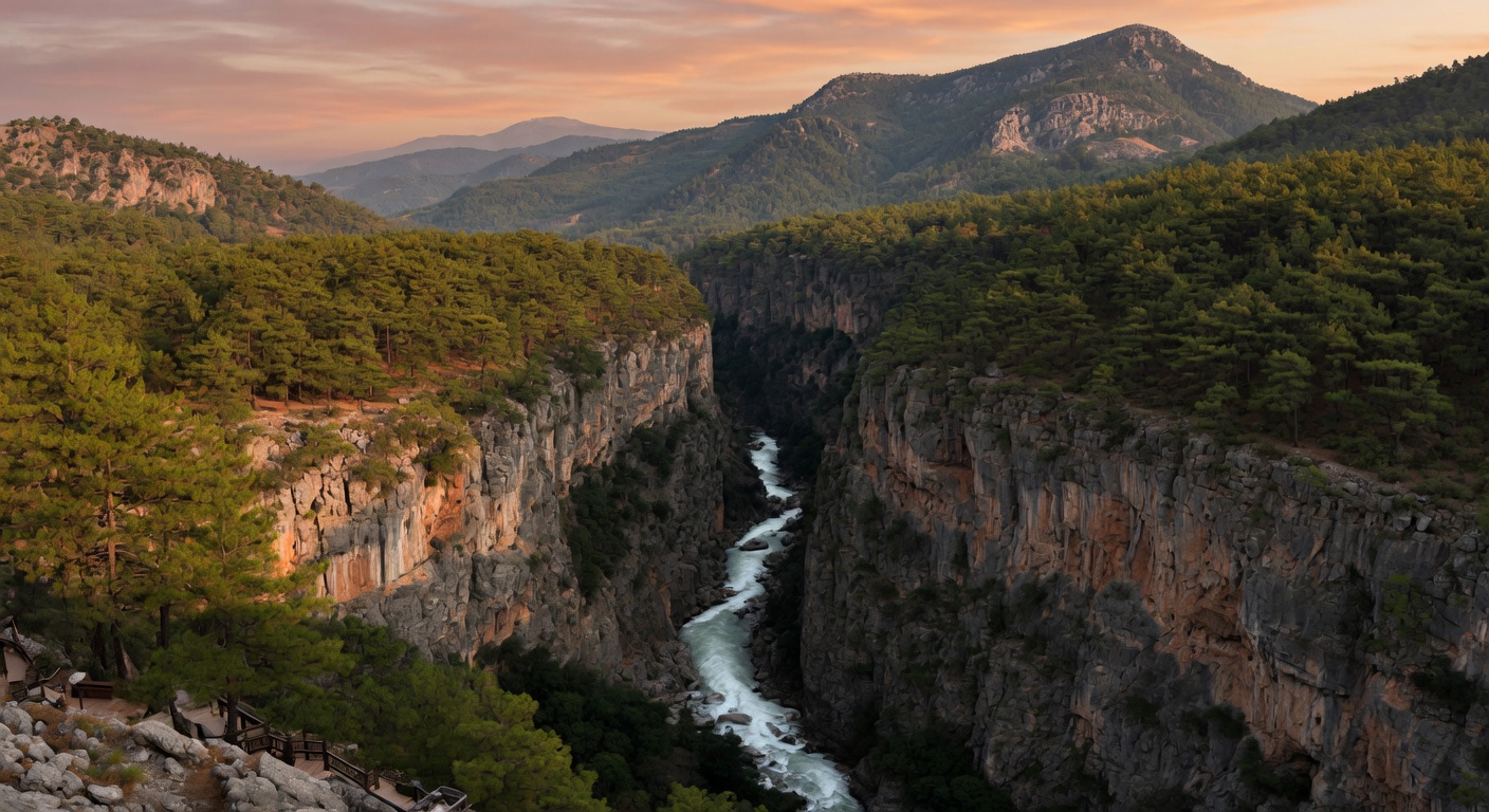 Wide scenic view of the impressive Saklıkent Gorge near Fethiye, Turkey, showing the deep canyon carved by the river with steep rock walls and surrounding pine forests and mountains under bright daylight