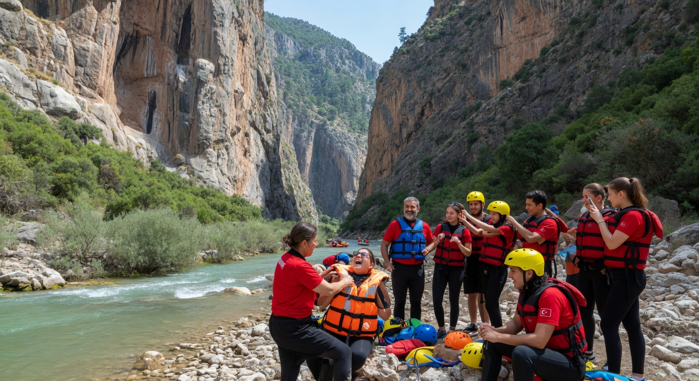 Group of rafters and guides on the riverbank in a large canyon, one person getting life vest adjusted for safety briefing