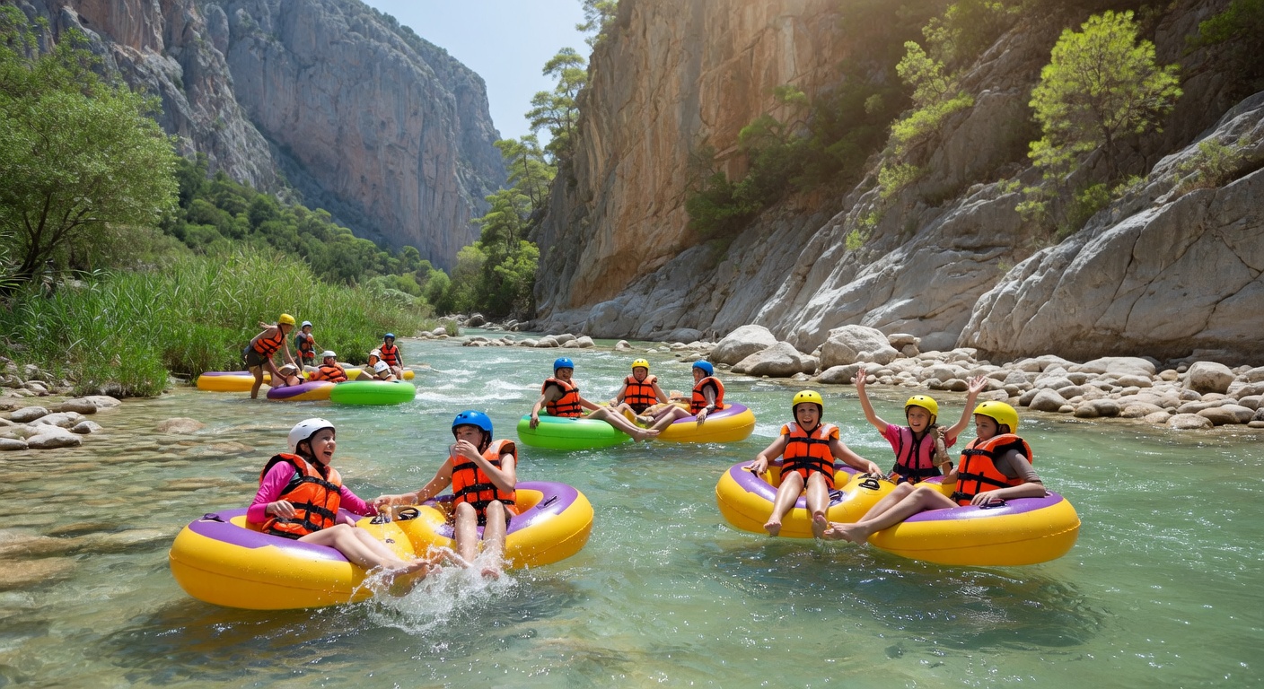 Family and friends floating downstream in inflatable rings (ringo tubing) on the shallow river near Saklıkent Canyon entrance, wearing life jackets and helmets, laughing and splashing on a sunny day