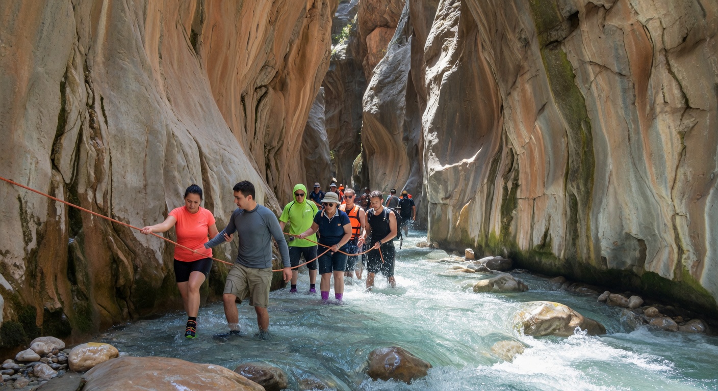 Visitors wading through the cold, clear river inside the narrow Saklıkent Gorge with tall rock walls on both sides, holding ropes for balance on slippery stones