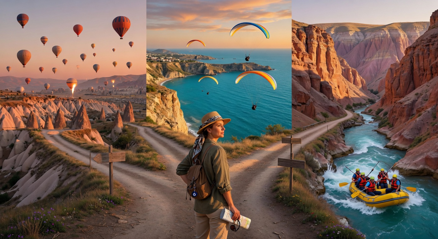 Traveler at a crossroads choosing between hot air balloon, paragliding, and rafting adventures in Turkey