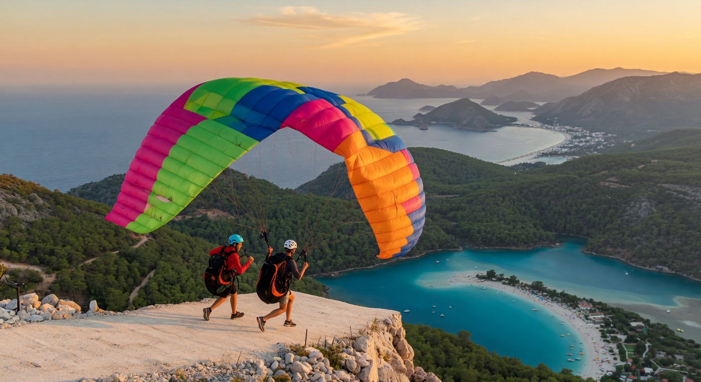 Tandem paragliding launch from Babadağ cliff at sunset overlooking Ölüdeniz lagoon and mountains, Turkey