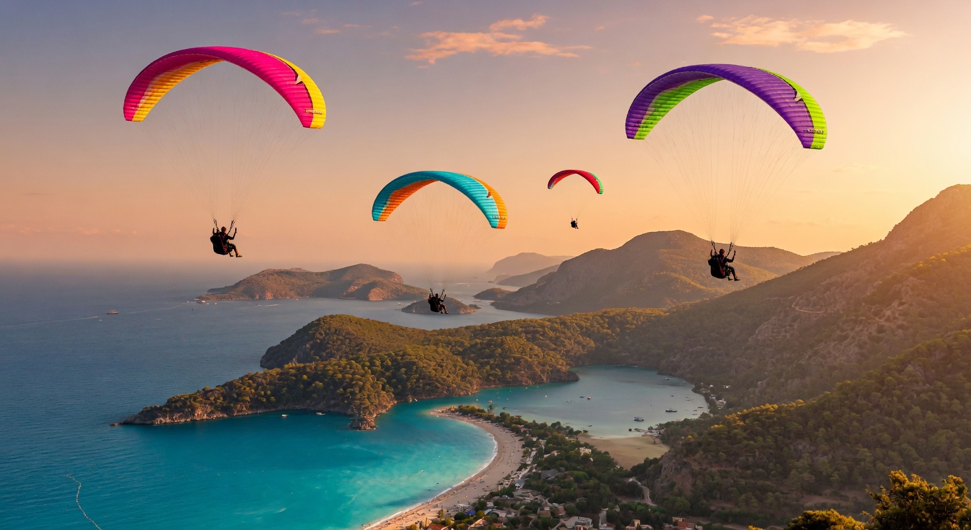 Multiple tandem paragliders flying at sunset over the dramatic coastline and islands near Ölüdeniz, Turkey